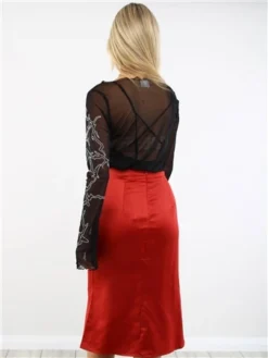 Saint Genies Burgundy Satin Midi Skirt -Cheap Drape Dresses Store 29394 3