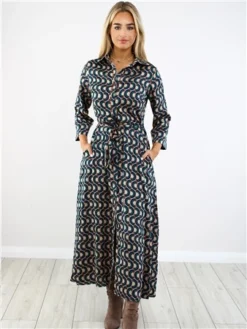 Ax Paris Green/Gold Pattern Midi Shirt Dress -Cheap Drape Dresses Store 29404 2