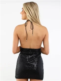 Saint Genies Black Sequin Halter Neck Mini Dress -Cheap Drape Dresses Store 29405 3