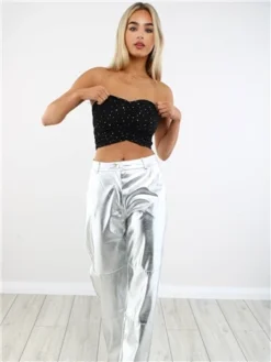 Saint Genies Black Gemstone Bandeau Ruched Top -Cheap Drape Dresses Store 29419 2