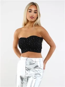 Saint Genies Black Gemstone Bandeau Ruched Top