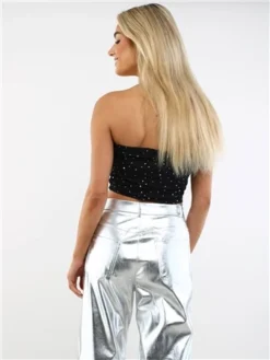 Saint Genies Black Gemstone Bandeau Ruched Top -Cheap Drape Dresses Store 29419 3