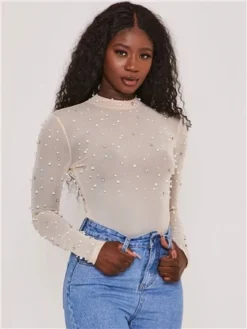 Saint Genies Cream Eleanor Pearl Diamante Mesh Long Sleeve Bodysuit