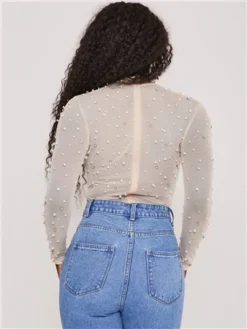 Saint Genies Cream Eleanor Pearl Diamante Mesh Long Sleeve Bodysuit -Cheap Drape Dresses Store 29446 3