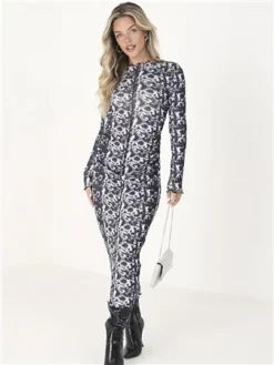 Brave Soul Abstract Print Jersey Mesh Long Sleeve Maxi -Cheap Drape Dresses Store 29450 2