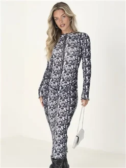 Brave Soul Abstract Print Jersey Mesh Long Sleeve Maxi