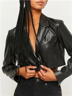 Tally Weijl Black Faux Leather Cropped Blazer -Cheap Drape Dresses Store 29478 2
