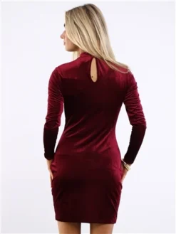 Glamorous Port Red Velvet Rib High Neck Side Split Mini Dress -Cheap Drape Dresses Store 29482 3