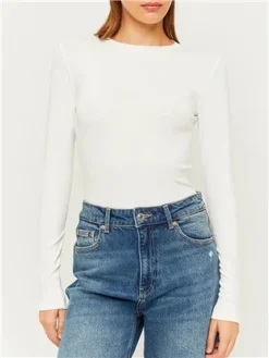 Tally Weijl White Basic Long Sleeve Bodysuit -Cheap Drape Dresses Store 29484 2