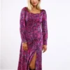 Girl In Mind Purple Pattern Denver Square Neck Midi Dress