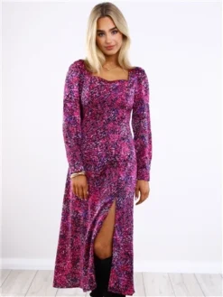 Girl In Mind Purple Pattern Denver Square Neck Midi Dress