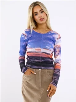 Brave Soul Blue / Orange Sky Print Ruched Top