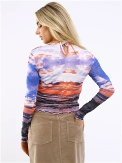 Brave Soul Blue / Orange Sky Print Ruched Top -Cheap Drape Dresses Store 29544 3