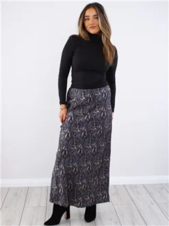 Brave Soul Grey / Black Tiger Print Satin Long Skirt -Cheap Drape Dresses Store 29560 2