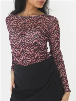 Brave Soul Pink / Navy Print Mesh Ruched Top -Cheap Drape Dresses Store 29584 2