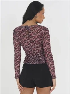 Brave Soul Pink / Navy Print Mesh Ruched Top -Cheap Drape Dresses Store 29584 3