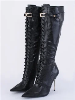 Public Desire Black Infatuated Lace Front Knee High Boots