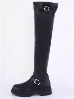 Truffle Black Faux Leather Knee High Biker Boot -Cheap Drape Dresses Store 29605 2