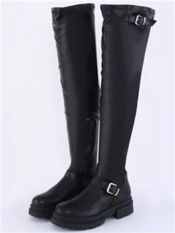 Truffle Black Faux Leather Knee High Biker Boot
