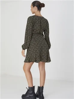 Brave Soul Black / Yellow Floral Long Sleeve Mini Wrap Dress -Cheap Drape Dresses Store 29690 2