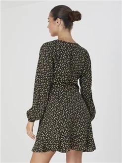 Brave Soul Black / Yellow Floral Long Sleeve Mini Wrap Dress -Cheap Drape Dresses Store 29690 3