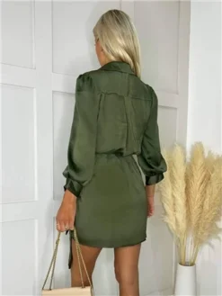 Ax Paris Olive Satin Wrap Long Sleeve Mini Dress -Cheap Drape Dresses Store 29692 3