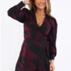 Ax Paris Burgundy / Black Printed Long Sleeve Wrap Mini Dress