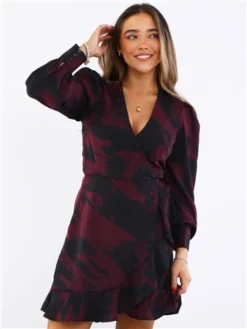 Ax Paris Burgundy / Black Printed Long Sleeve Wrap Mini Dress